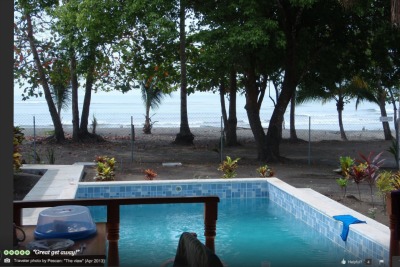 Swimming pool, trees, ocean